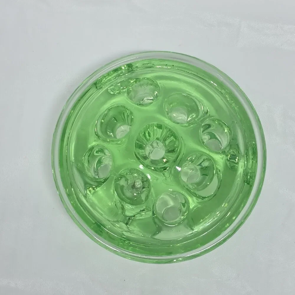 Vaseline Uranium Glass Flower Frog 9 Holes Glows UV Green Vintage 3" Diameter - Picture 2 of 10